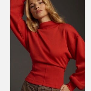 ANTHROPOLOGIE Maeve Corset-Waist Pullover Sweatshirt Size L Red